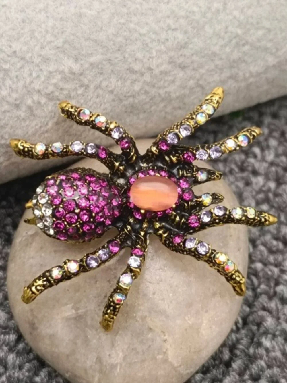 DESIGNER Goth Spider Gold Clear/Hot Pink/Iridescent Crystal Brooch Pin**NEW!